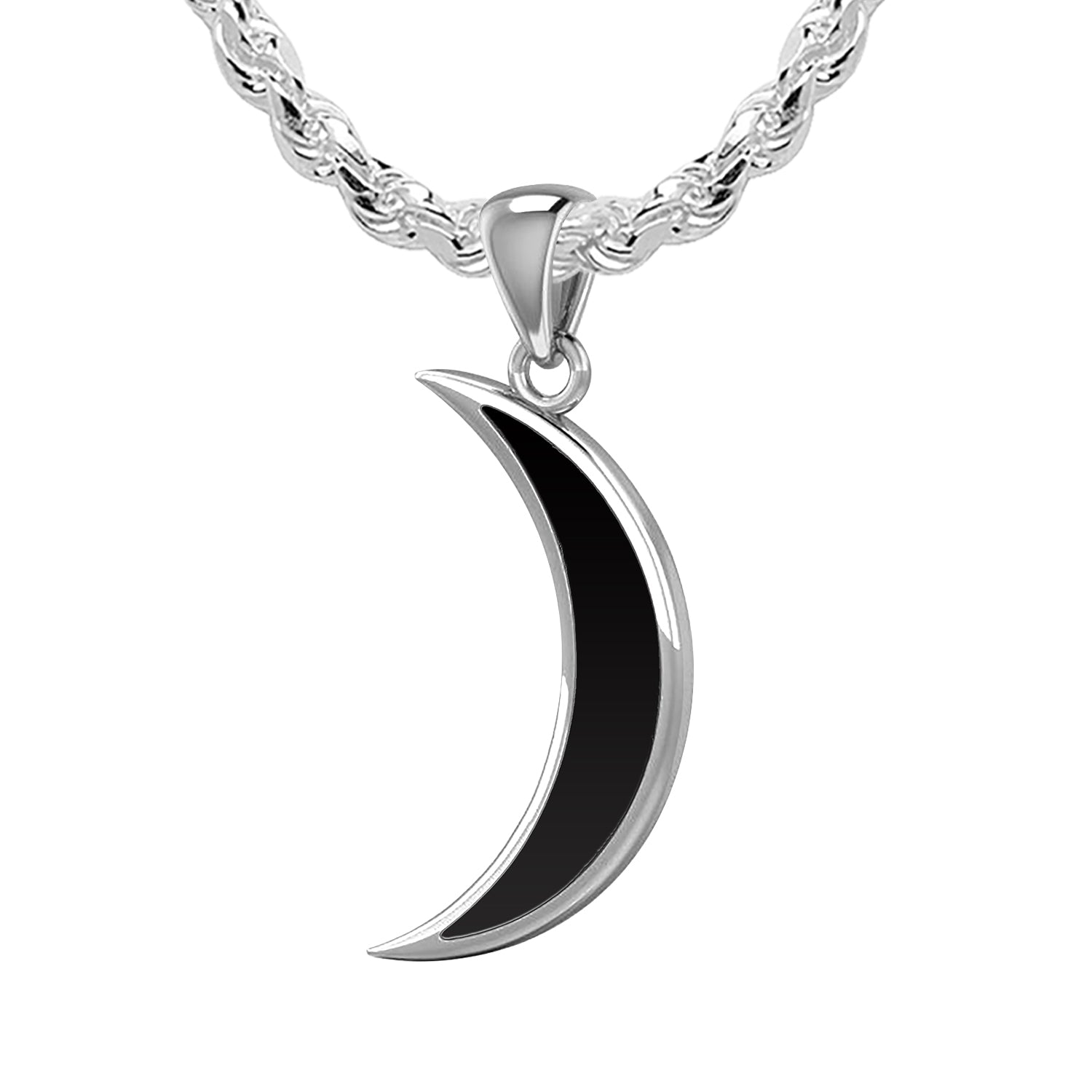 Ladies 925 Sterling Silver Simulated Onyx Inlay Magick Crescent Moon Pendant Necklace, 25mm - US Jewels