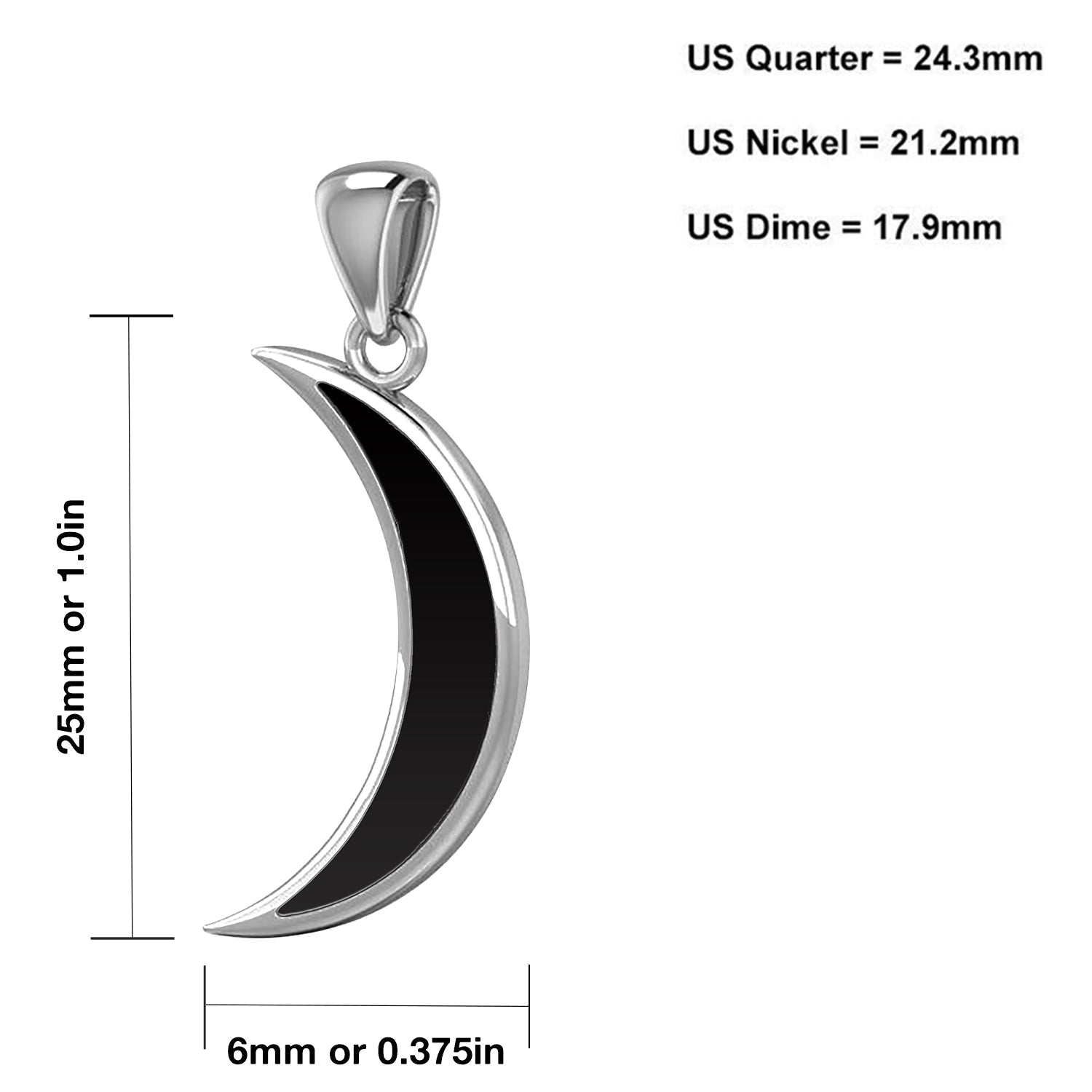 Ladies 925 Sterling Silver Simulated Onyx Inlay Magick Crescent Moon Pendant Necklace, 25mm - US Jewels