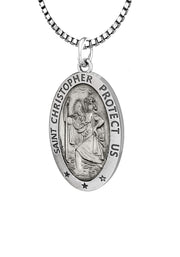 Ladies 925 Sterling Silver St Christopher Oval Antique Pendant Necklace, 18mm - US Jewels