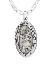 Ladies 925 Sterling Silver St Christopher Oval Antique Pendant Necklace, 18mm - US Jewels