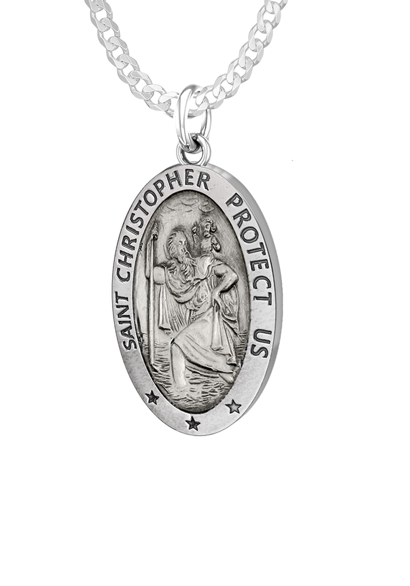 Ladies 925 Sterling Silver St Christopher Oval Antique Pendant Necklace, 18mm - US Jewels