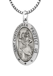 Ladies 925 Sterling Silver St Christopher Oval Antique Pendant Necklace, 22mm - US Jewels