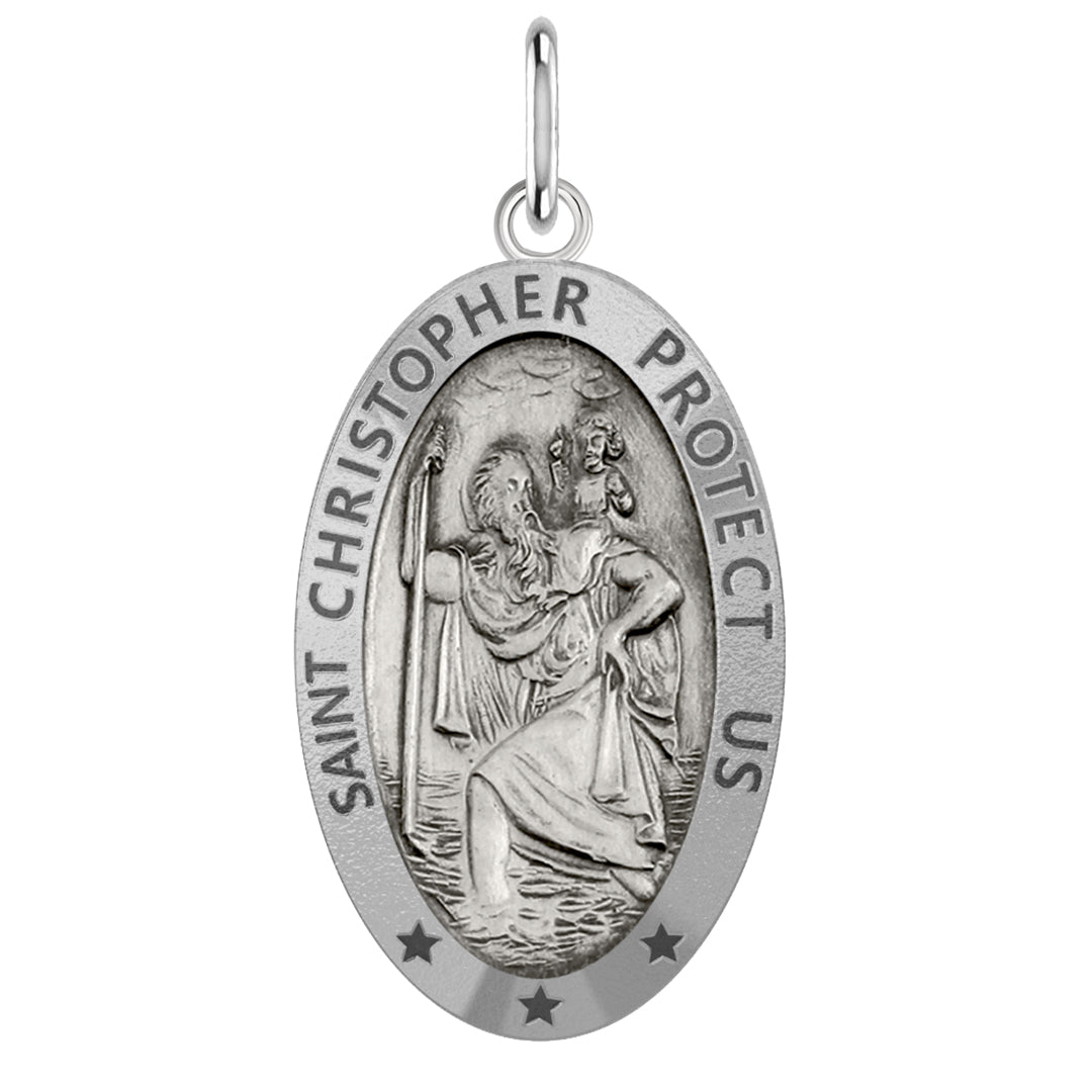 Ladies 925 Sterling Silver St Christopher Oval Antique Pendant Necklace, 22mm - US Jewels