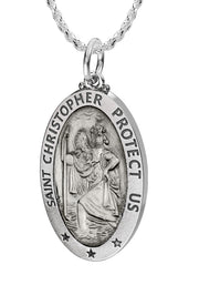 Ladies 925 Sterling Silver St Christopher Oval Antique Pendant Necklace, 26mm - US Jewels