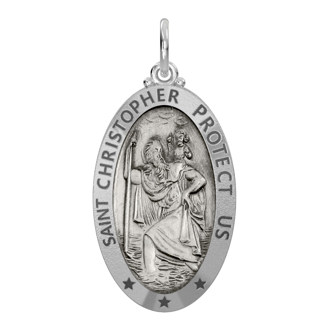 Ladies 925 Sterling Silver St Christopher Oval Antique Pendant Necklace, 26mm - US Jewels