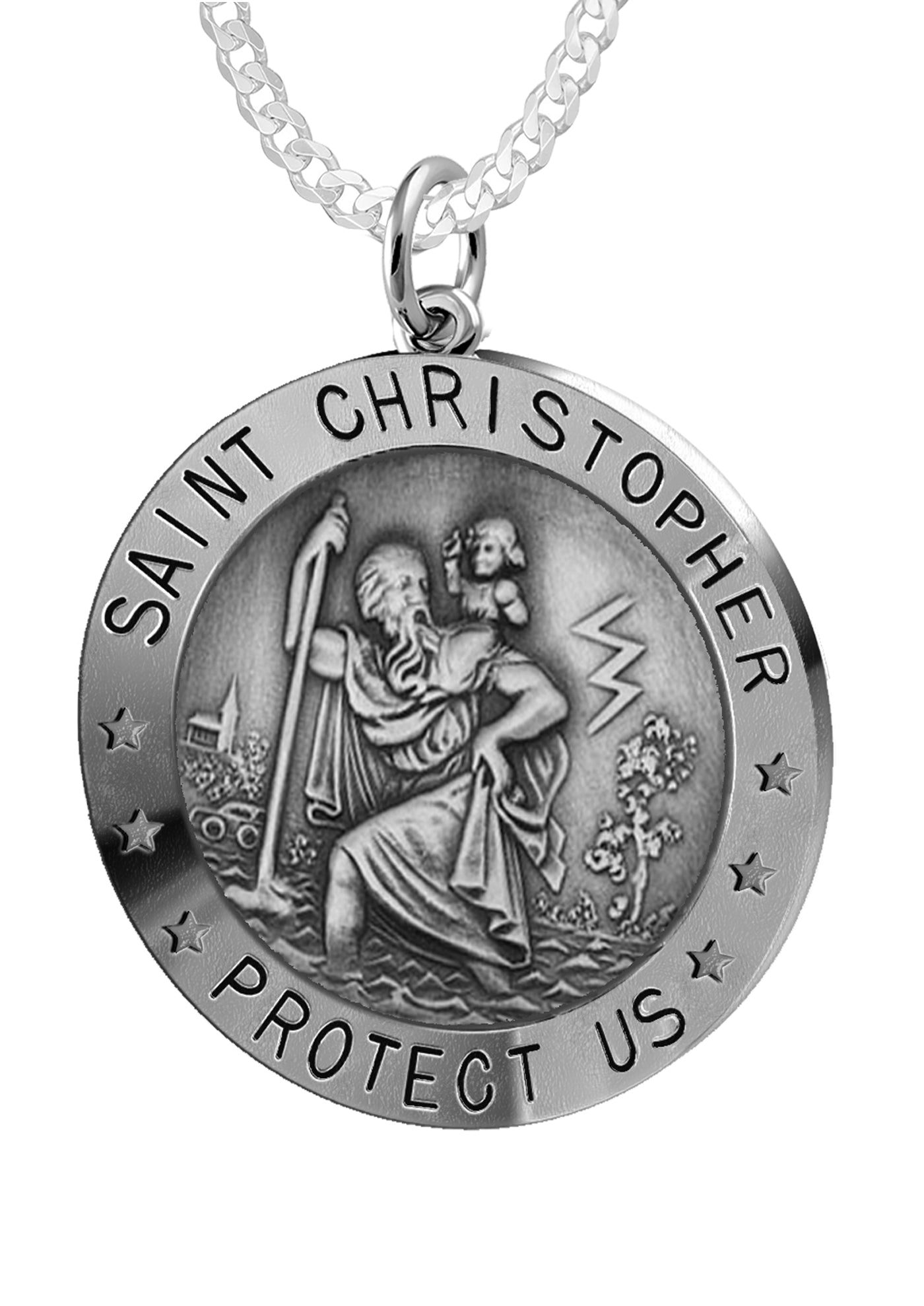 Ladies 925 Sterling Silver St Christopher Round Antique Pendant Necklace, 22mm - US Jewels