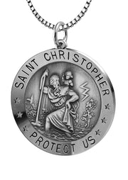 Ladies 925 Sterling Silver St Christopher Round Antique Pendant Necklace, 22mm - US Jewels