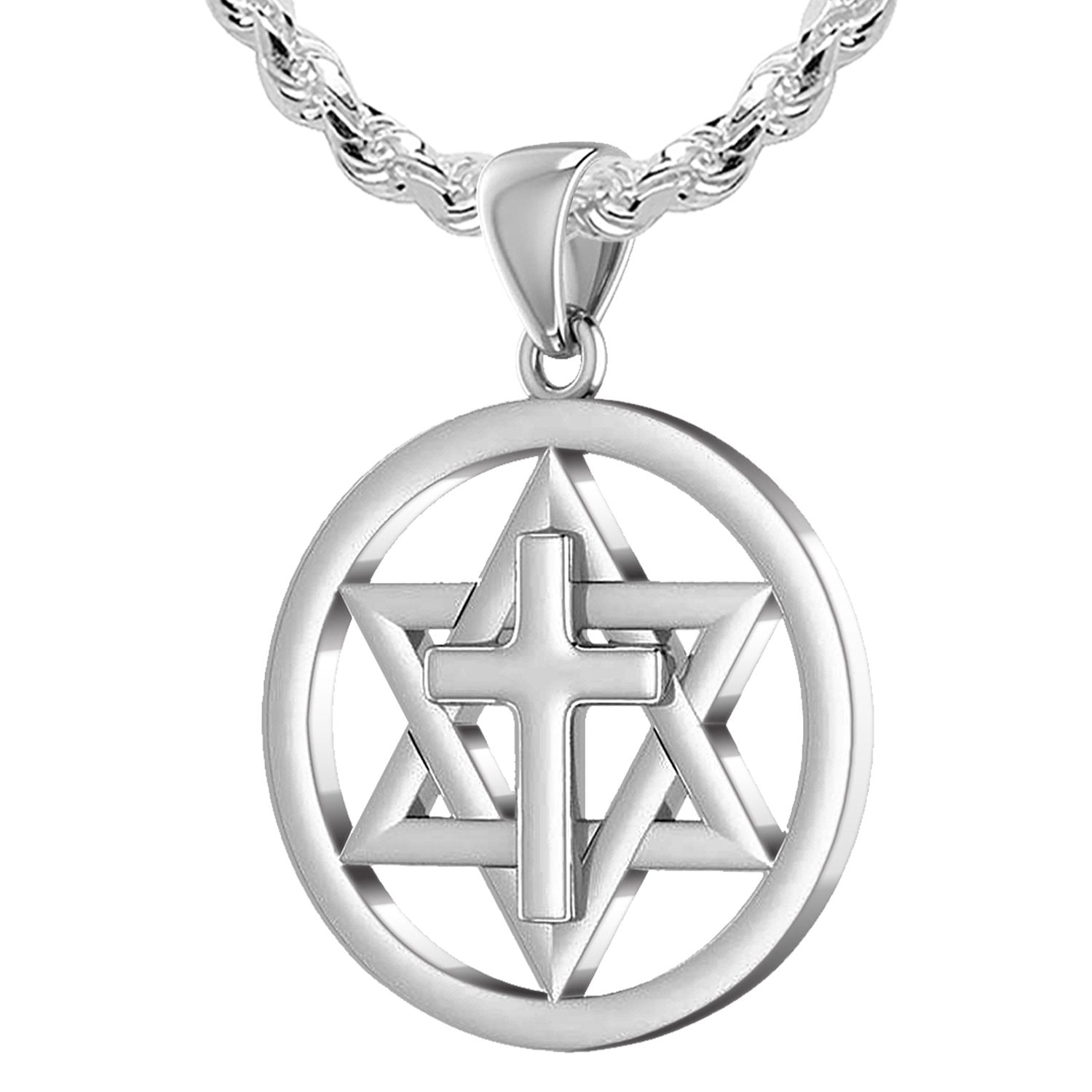 Ladies 925 Sterling Silver Star of David with Cross Jewish Pendant, 24mm - US Jewels