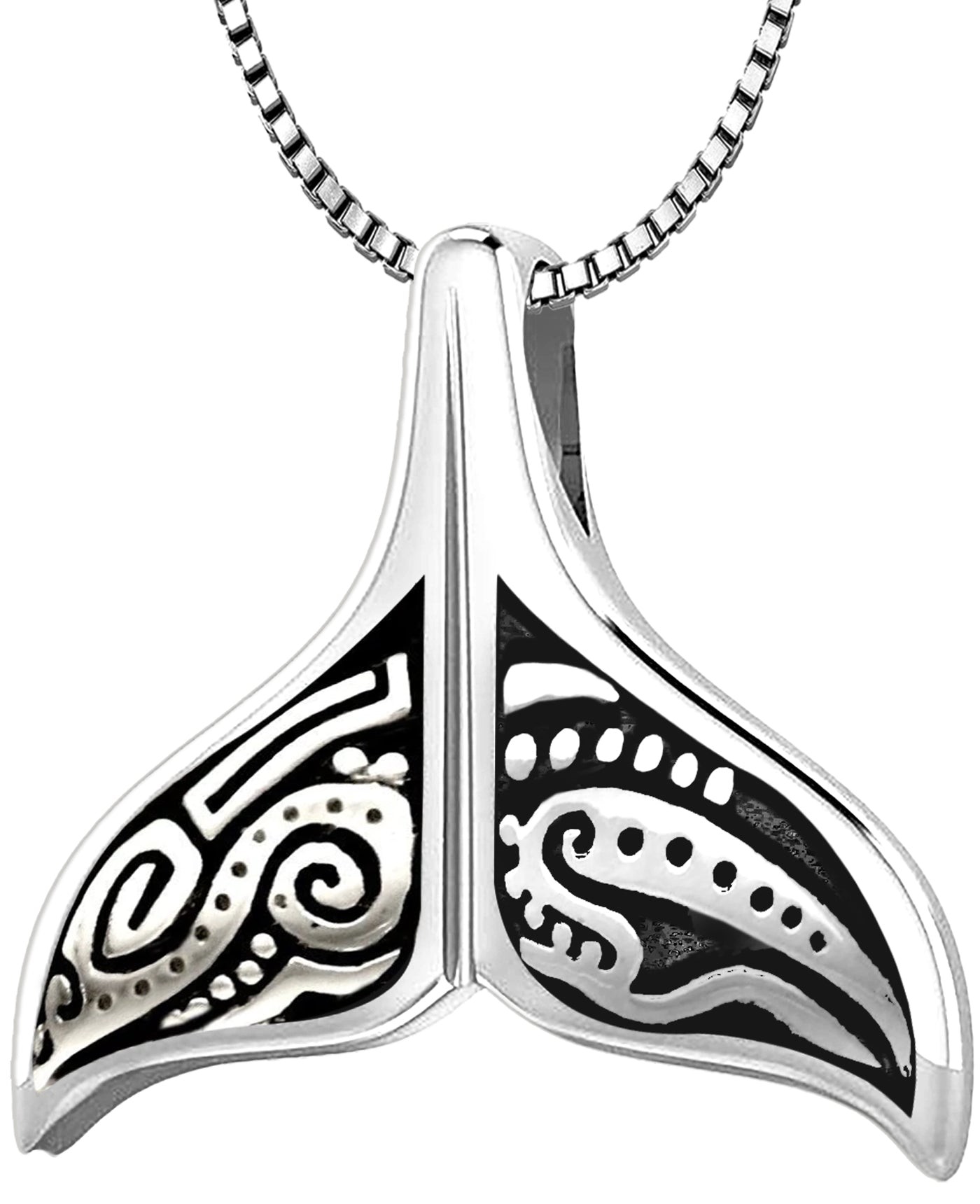 Ladies 925 Sterling Silver Tribal Whale Tail Pendant Necklace - 18in 1.5mm  Box Chain