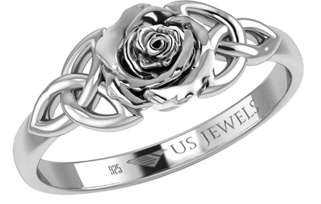 Ladies 925 Sterling Silver Trinity Knot & Rose Ring - US Jewels