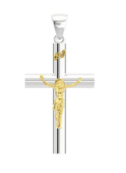 Ladies Domed 925 Sterling Silver with 14k Yellow Gold Crucifix Cross Pendant Necklace, 35mm - US Jewels