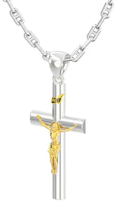 Ladies Domed 925 Sterling Silver with 14k Yellow Gold Crucifix Cross Pendant Necklace, 35mm - US Jewels