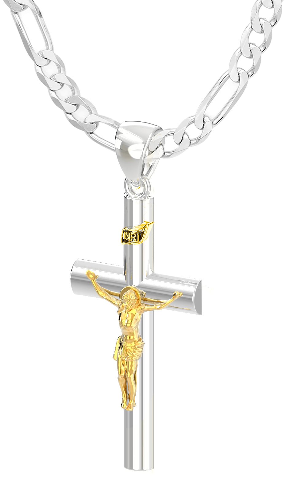 Ladies Domed 925 Sterling Silver with 14k Yellow Gold Crucifix Cross Pendant Necklace, 35mm - US Jewels