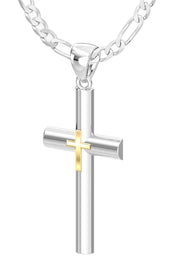 Ladies Domed 925 Sterling Silver with 14k Yellow Gold Double Cross Pendant Necklace, 35mm - US Jewels