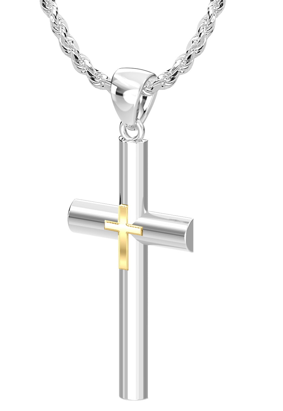 Ladies Domed 925 Sterling Silver with 14k Yellow Gold Double Cross Pendant Necklace, 35mm - US Jewels