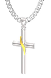Ladies Domed 925 Sterling Silver with 14k Yellow Gold Flame Cross Pendant Necklace, 35mm - US Jewels
