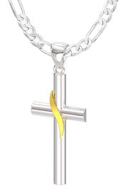 Ladies Domed 925 Sterling Silver with 14k Yellow Gold Flame Cross Pendant Necklace, 35mm - US Jewels