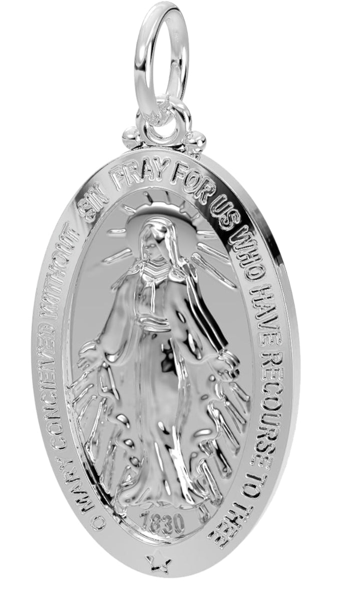Ladies Polished 925 Sterling Silver Large Miraculous Virgin Mary Pendant Necklace, 32mm - US Jewels