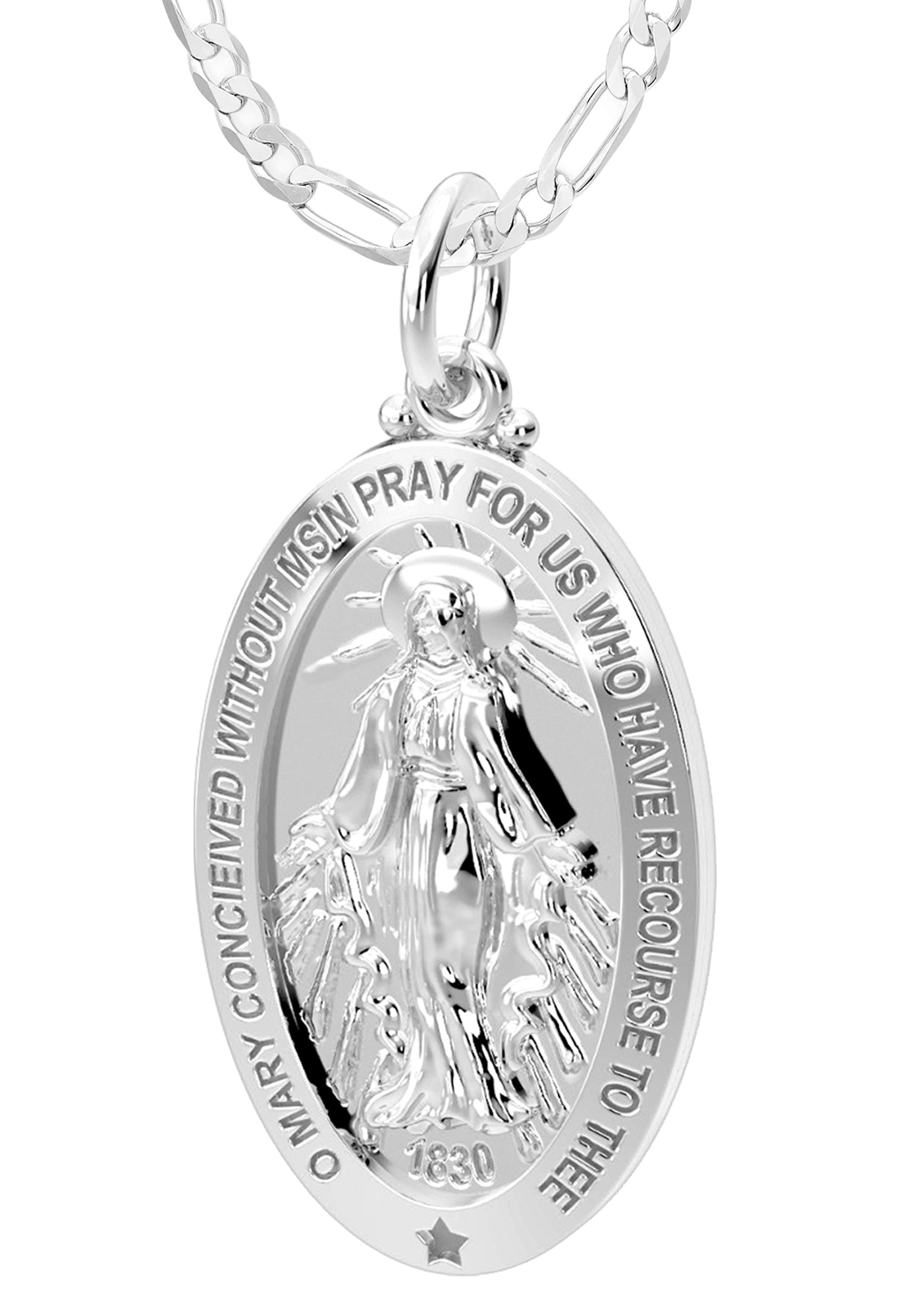 Ladies Polished 925 Sterling Silver Large Miraculous Virgin Mary Pendant Necklace, 32mm - US Jewels