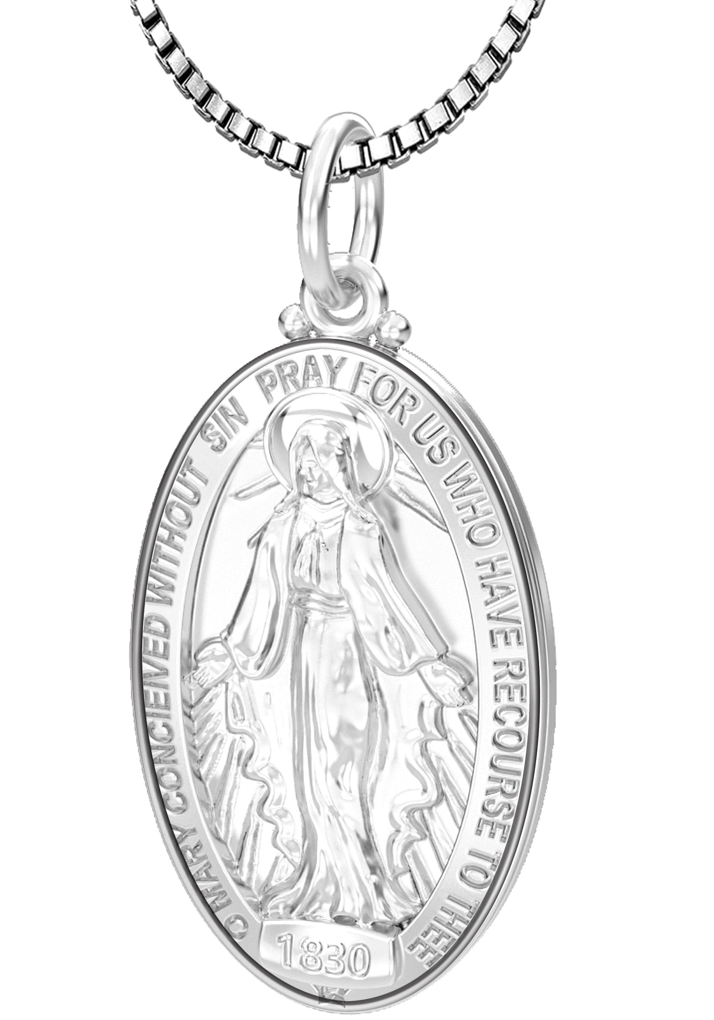 Ladies Polished 925 Sterling Silver Miraculous Virgin Mary Pendant Necklace, 28mm - US Jewels