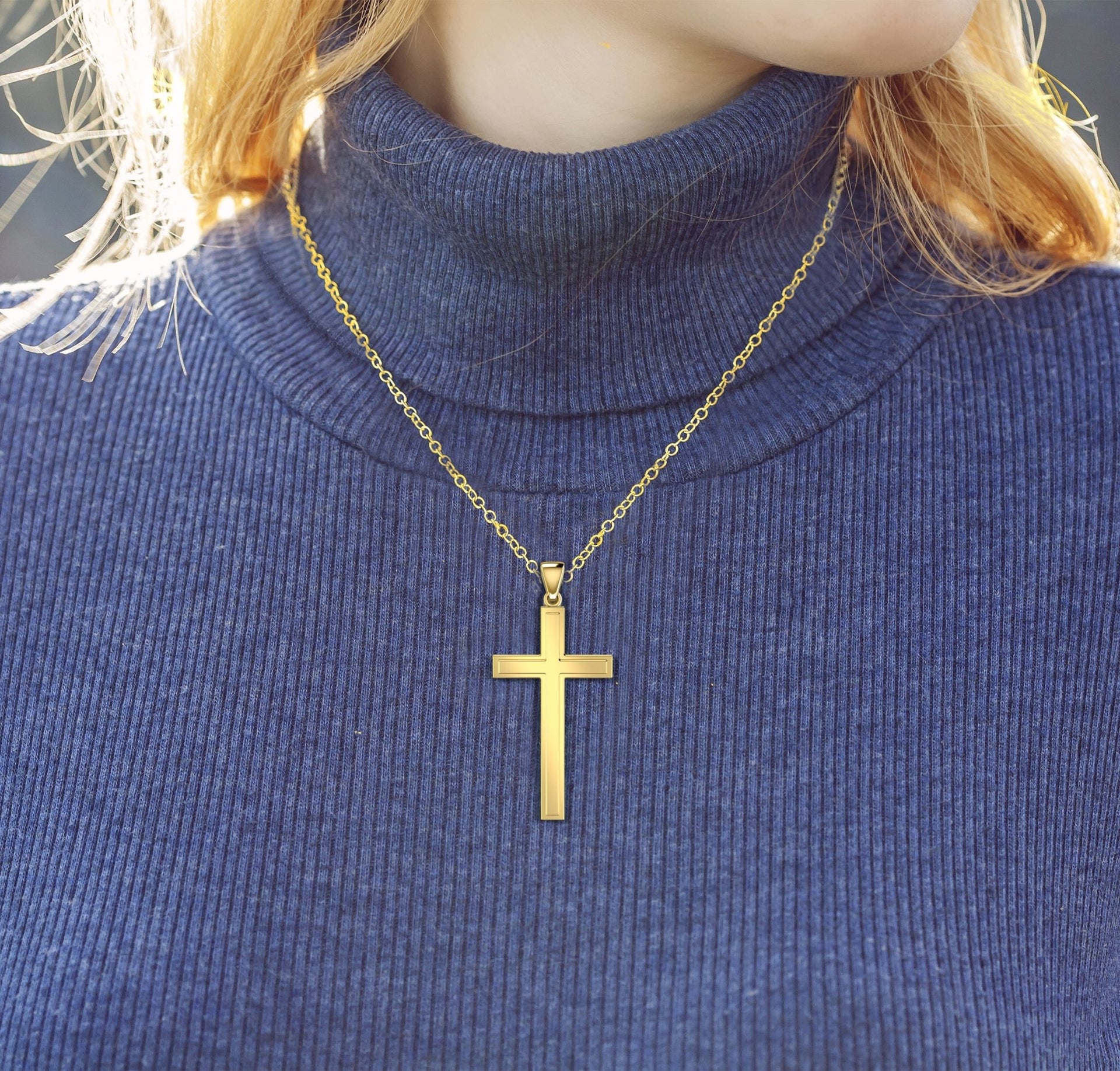 Ladies Solid 14k Yellow Gold Christian Cross Pendant Necklace, 32mm - US Jewels