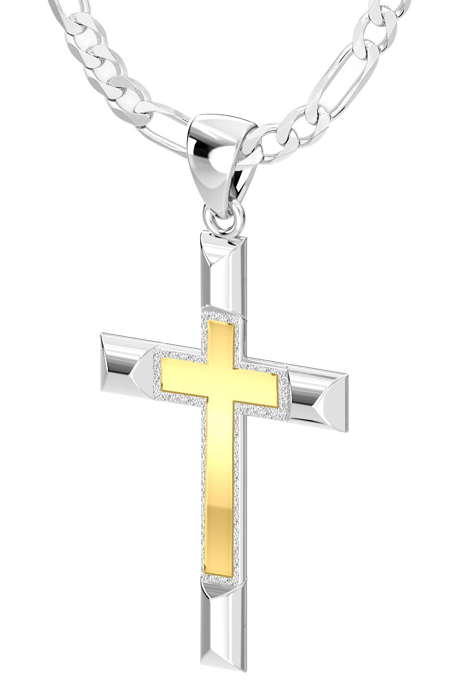 Ladies Solid 925 Sterling Silver and 14k Gold Cross High Polished Pendant Necklace, 32mm - US Jewels