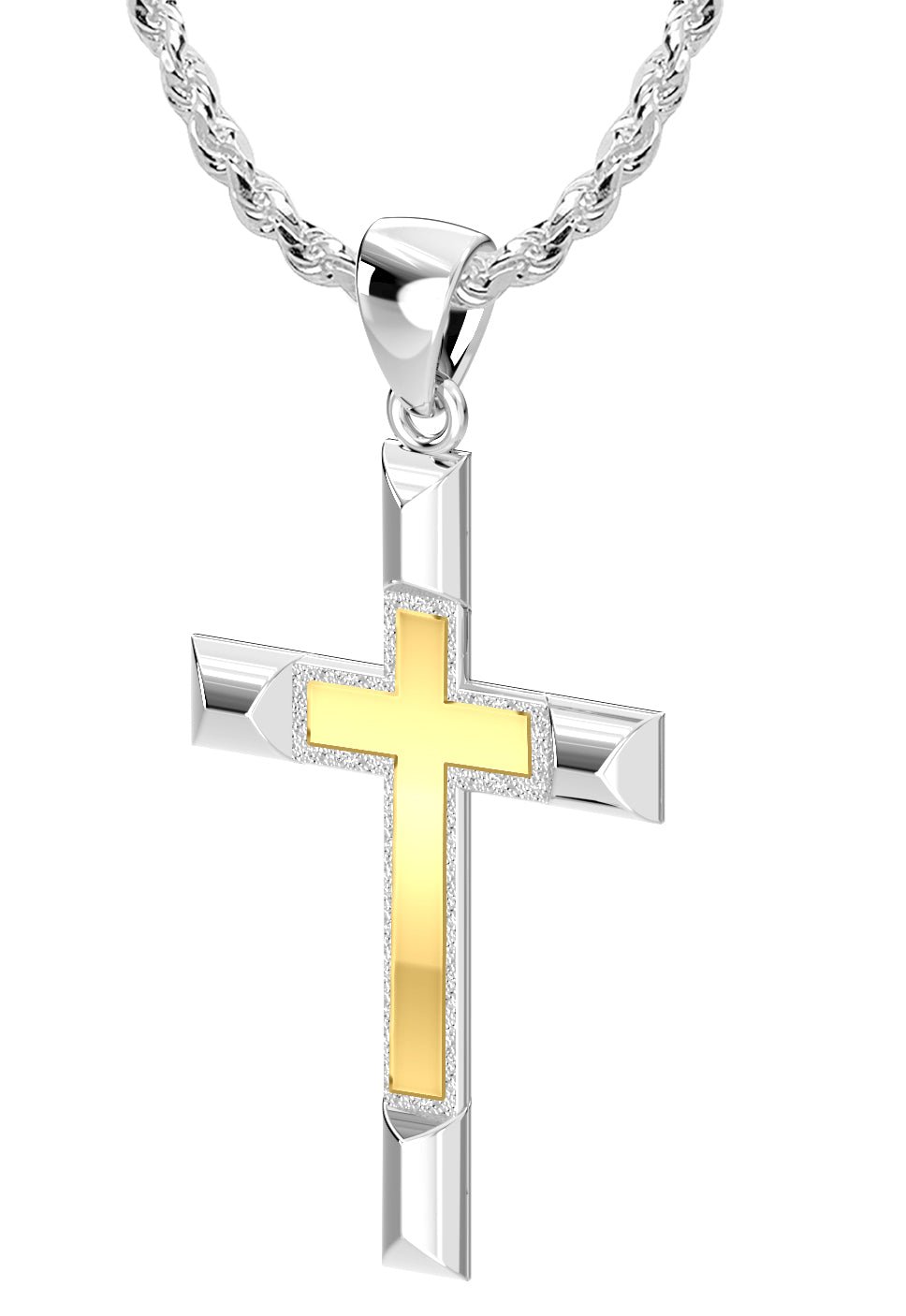 Ladies Solid 925 Sterling Silver and 14k Gold Cross High Polished Pendant Necklace, 32mm - US Jewels