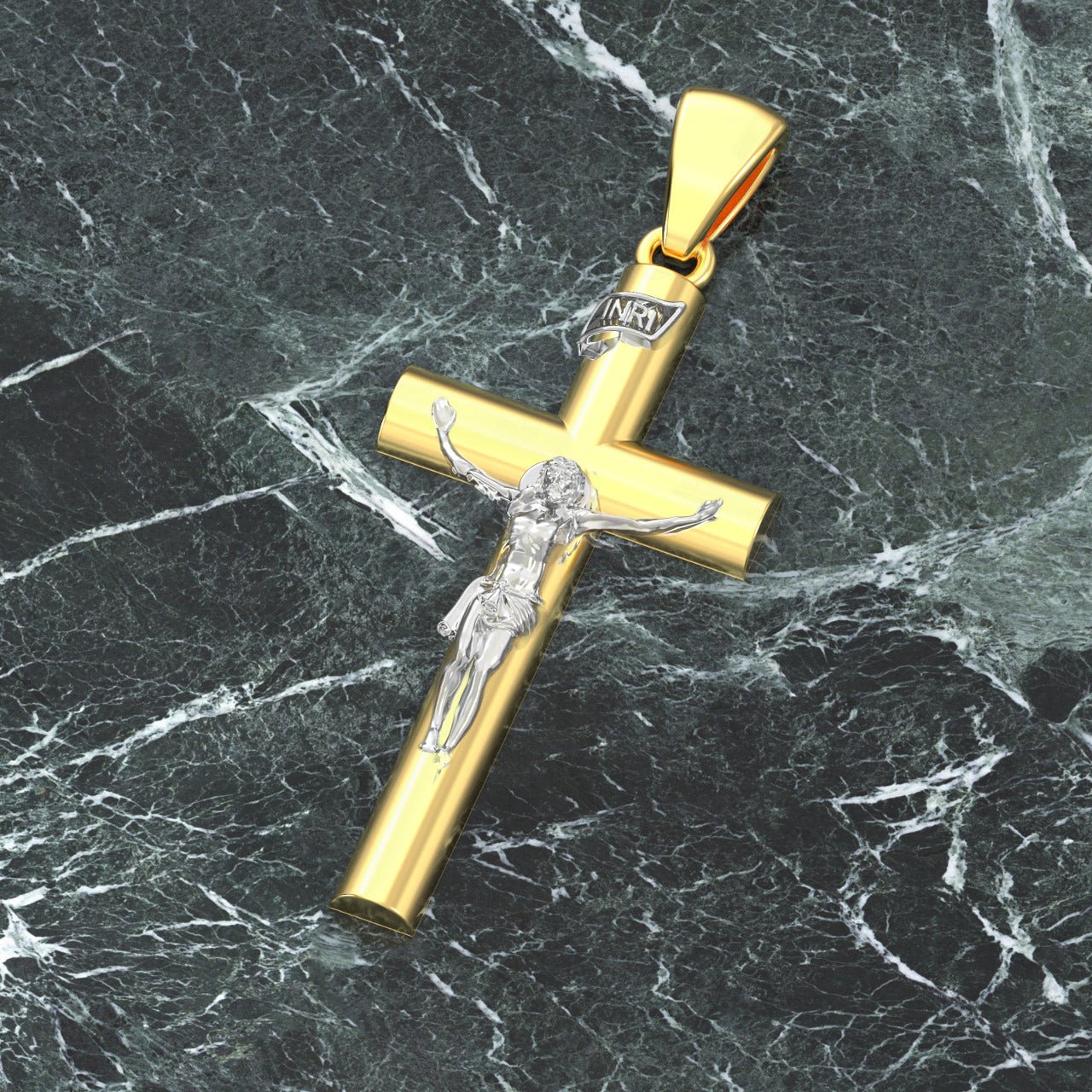 Crucifix Necklace - Cross Pendant Necklace In Two Tone