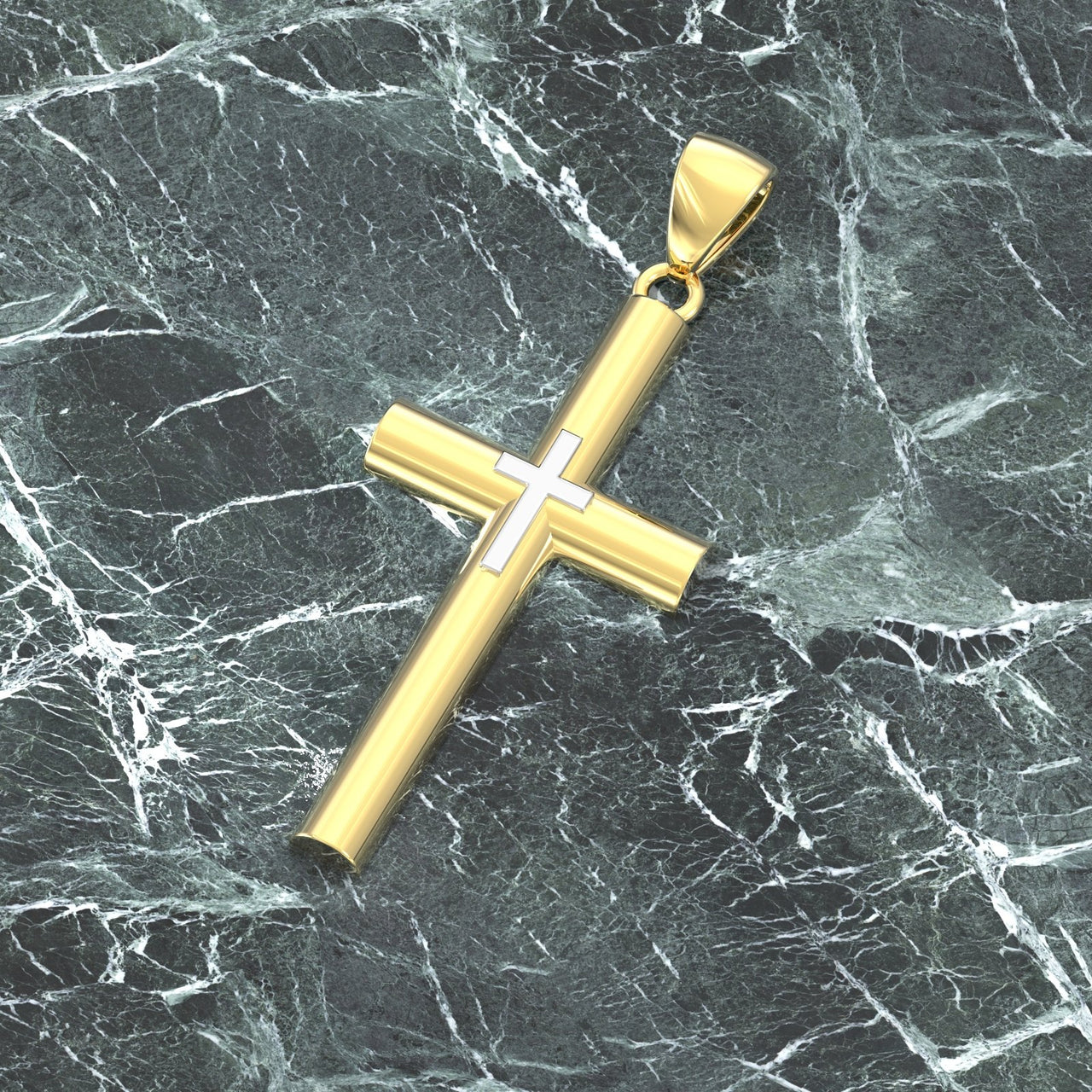 Ladies Two Tone 14k Gold Double Cross Pendant Necklace, 35mm - US Jewels