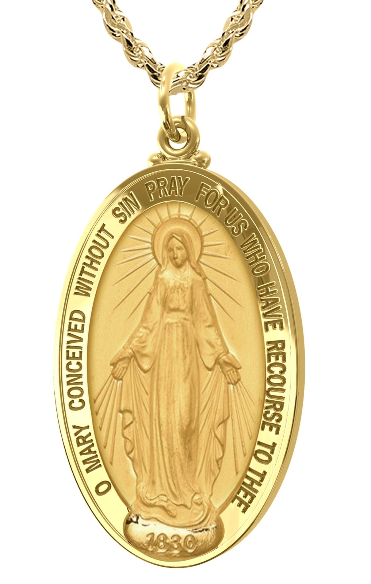 Ladies XL 14K Yellow Gold Miraculous Virgin Mary Solid Oval Polished Pendant Necklace 39mm 18in 3.0mm Rope Chain