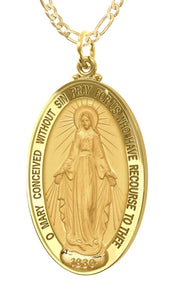 Ladies XL 14K Yellow Gold Miraculous Virgin Mary Solid Oval Polished Pendant Necklace, 39mm - US Jewels