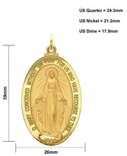 Ladies XL 14K Yellow Gold Miraculous Virgin Mary Solid Oval Polished Pendant Necklace, 39mm - US Jewels