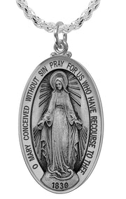 Ladies XL 925 Sterling Silver Large Miraculous Virgin Mary Antiqued Pendant Necklace, 39mm - US Jewels