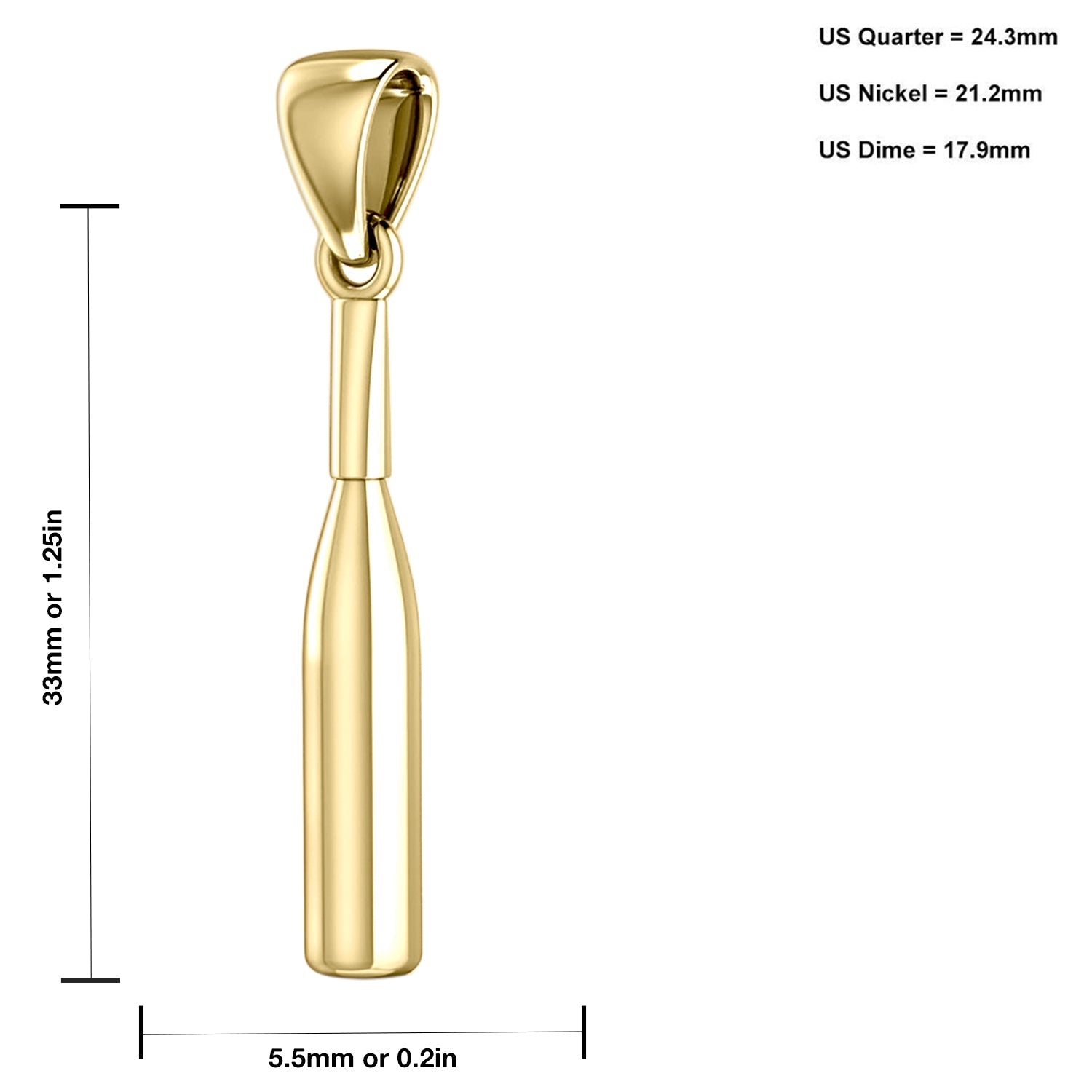 Large 10K or 14K Yellow Gold 3D Baseball bat Pendant Necklace, 33mm - US Jewels