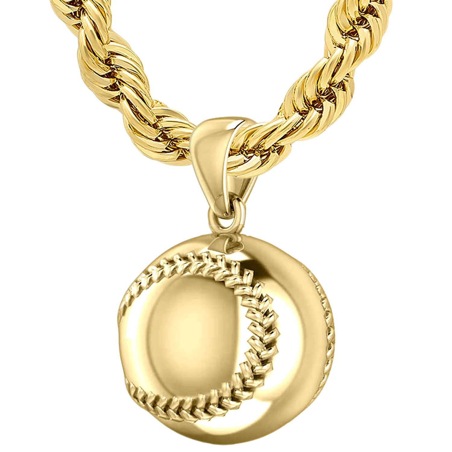 Large 10K or 14K Yellow Gold 3D Baseball Sport Ball Pendant Necklace, 18.5mm - US Jewels