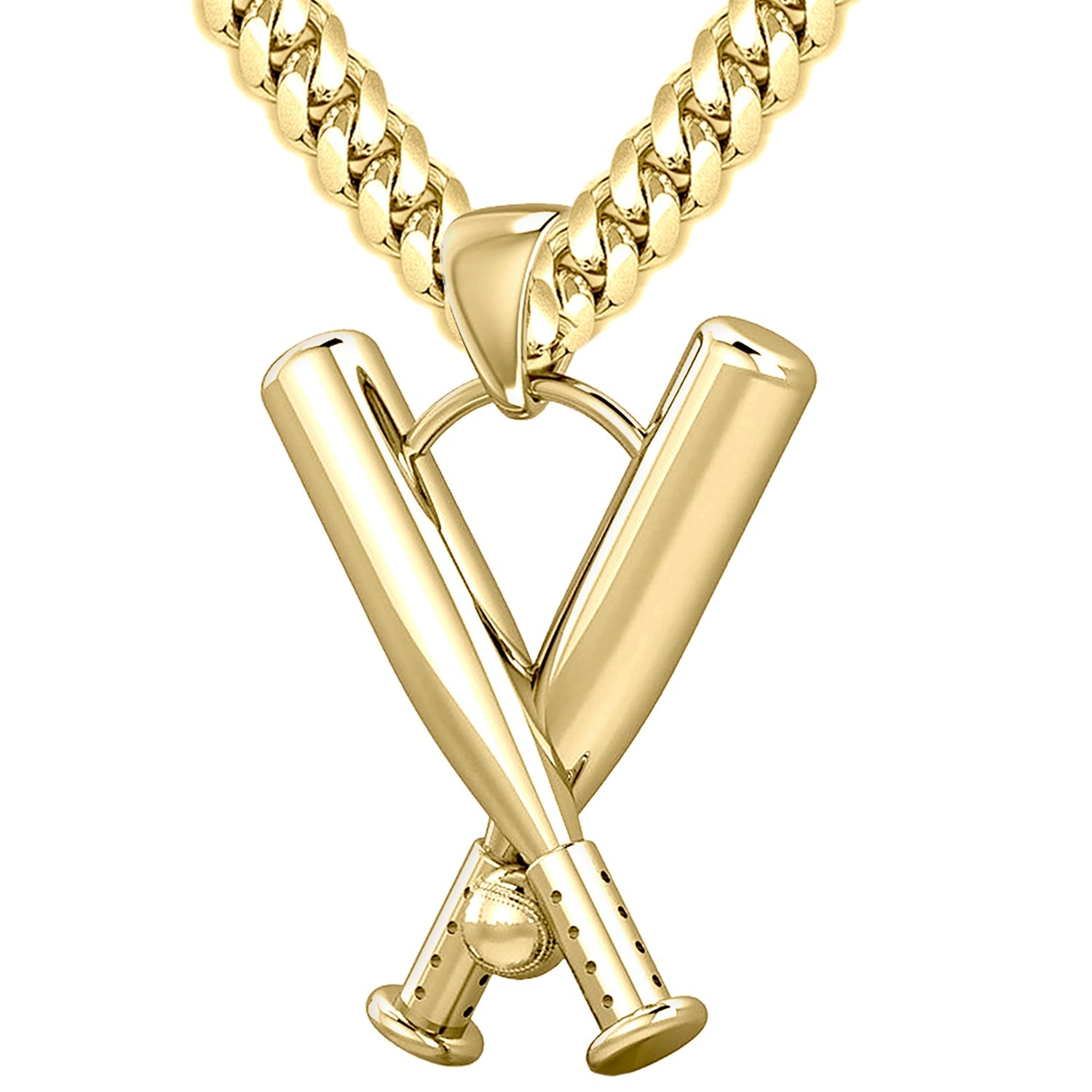 Large 10K or 14K Yellow Gold 3D Double Baseball Bat Sport Pendant Necklace, 28mm - US Jewels