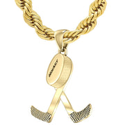 Large 10K or 14K Yellow Gold 3D Double Hockey Stick & Puck Sport Pendant Necklace, 34mm - US Jewels