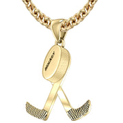 Large 10K or 14K Yellow Gold 3D Double Hockey Stick & Puck Sport Pendant Necklace, 34mm - US Jewels