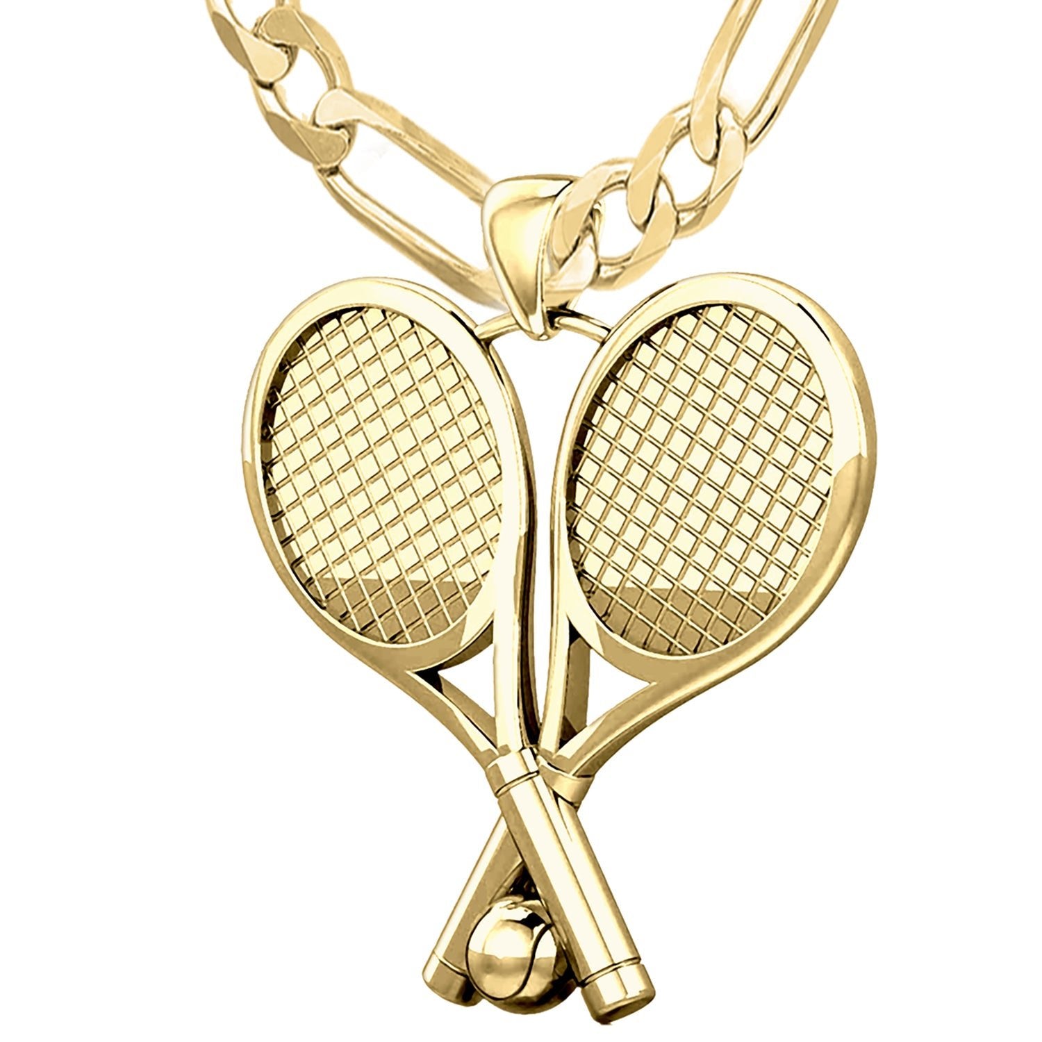 Large 10K or 14K Yellow Gold 3D Double tennis racket pendant necklace 39mm  - 10k Yellow Gold / 20in, 3.9mm Figaro Chain