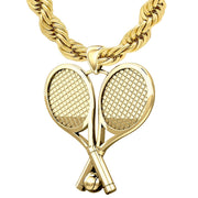 Large 10K or 14K Yellow Gold 3D Double tennis racket pendant necklace 39mm - US Jewels