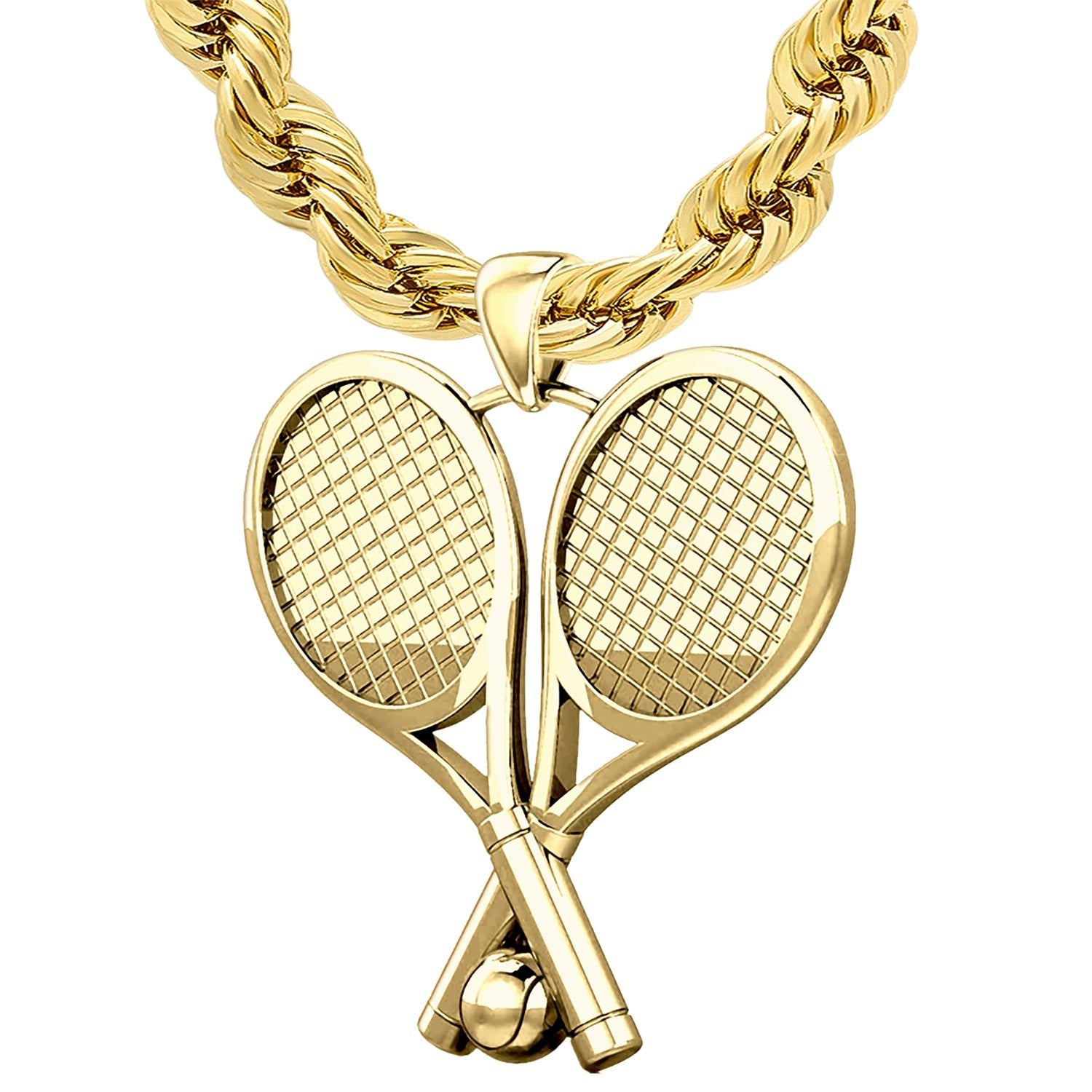 Large 10K or 14K Yellow Gold 3D Double tennis racket pendant necklace 39mm - US Jewels