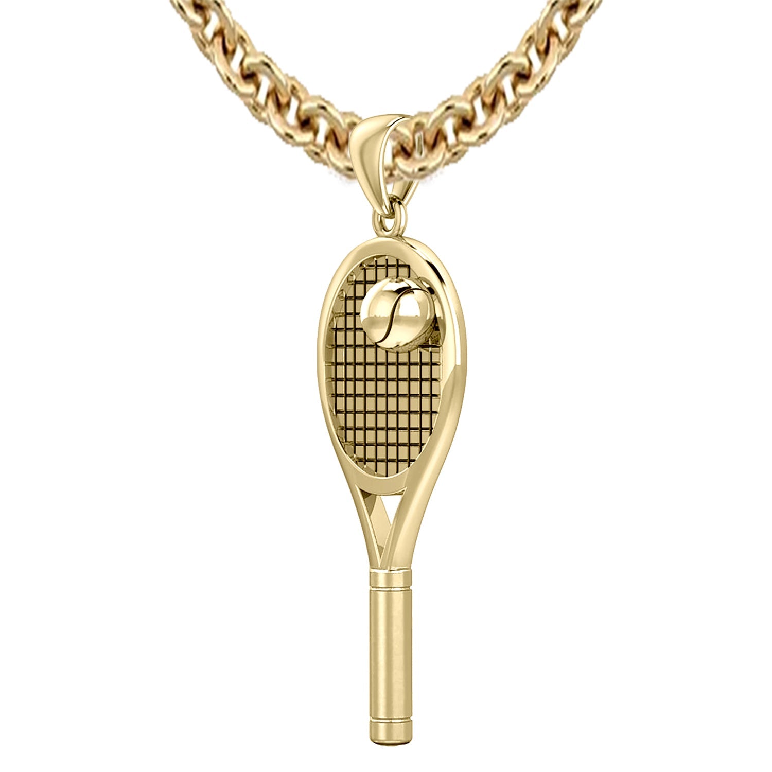 Large 10K or 14K Yellow Gold 3D Tennis Racket & Ball Pendant Necklace, 42mm  - 10k Yellow Gold / 20in, 3mm Cable Chain