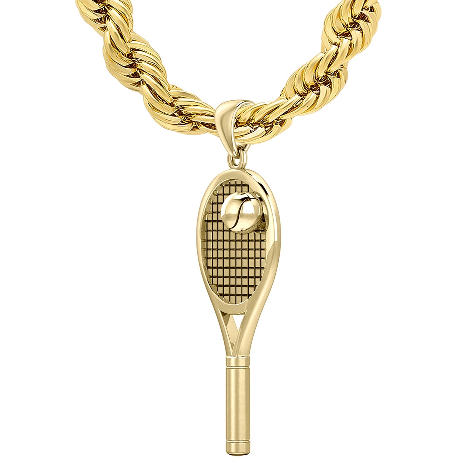 Large 10K or 14K Yellow Gold 3D Tennis Racket & Ball Pendant Necklace, 42mm  - 10k Yellow Gold / 20in, 3mm Rope Chain