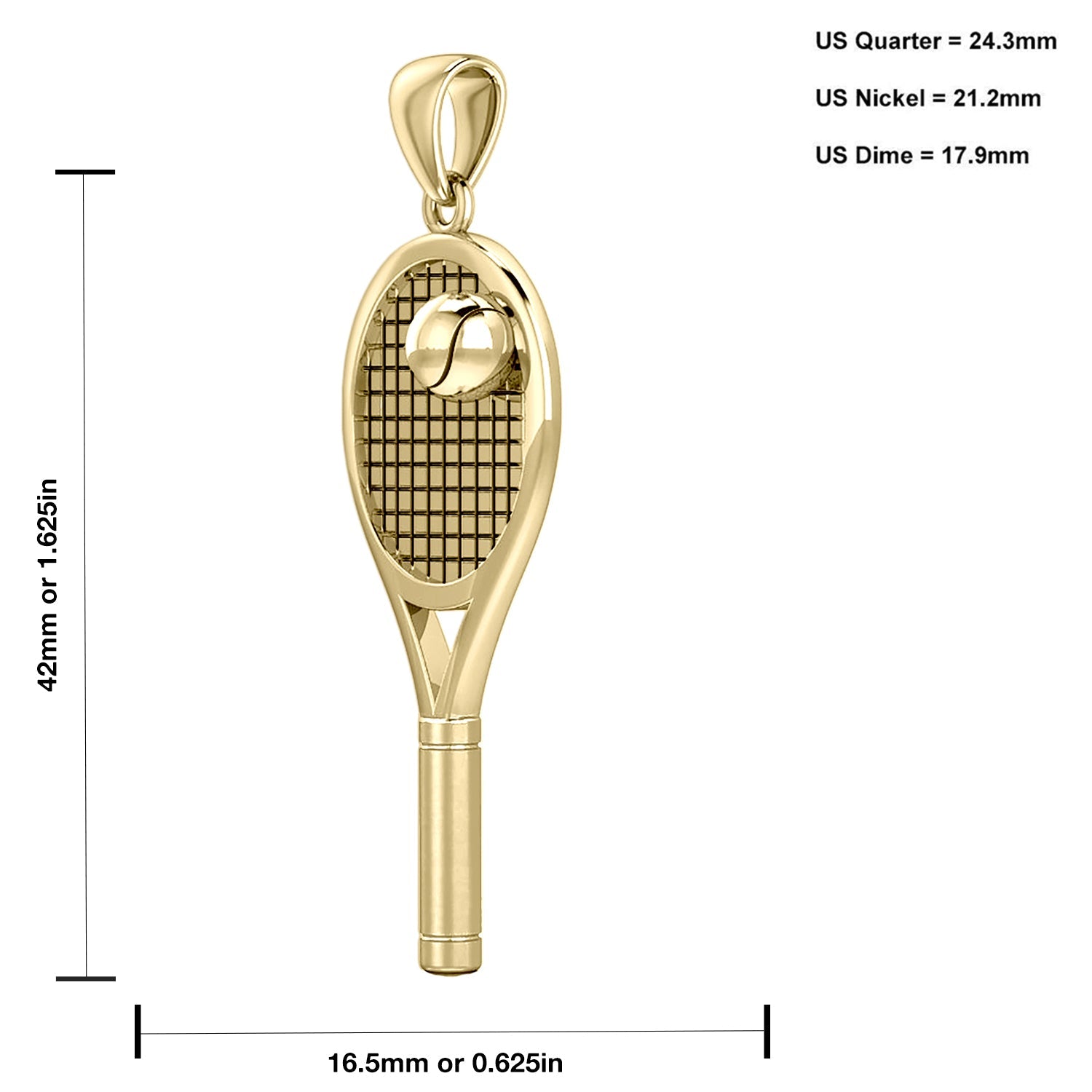 Large 10K or 14K Yellow Gold 3D Tennis Racket & Ball Pendant Necklace, 42mm - US Jewels