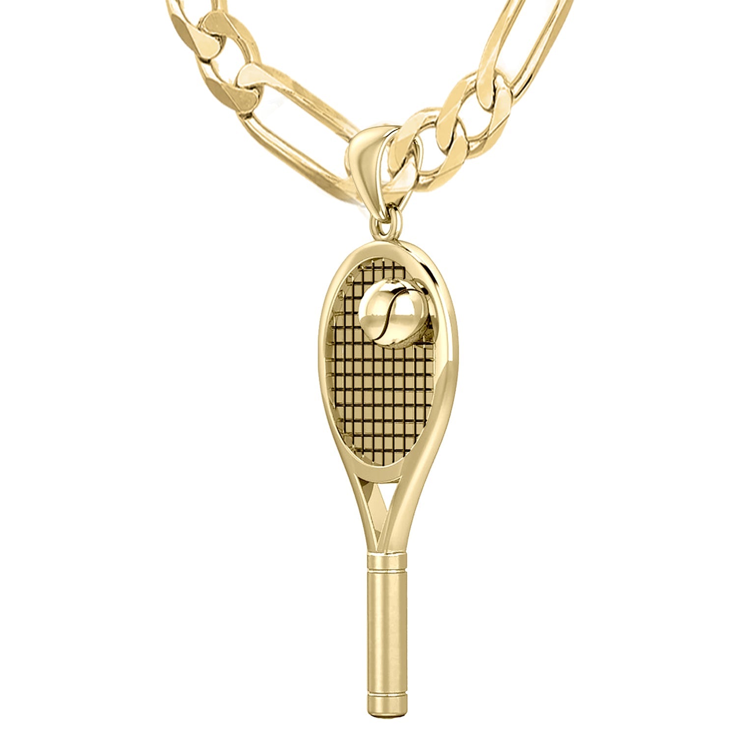 Large 10K or 14K Yellow Gold 3D Tennis Racket & Ball Pendant Necklace, 42mm - US Jewels
