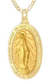 Large 14K Yellow Gold Miraculous Virgin Mary Solid Oval Polished Pendant Necklace, 36mm - US Jewels