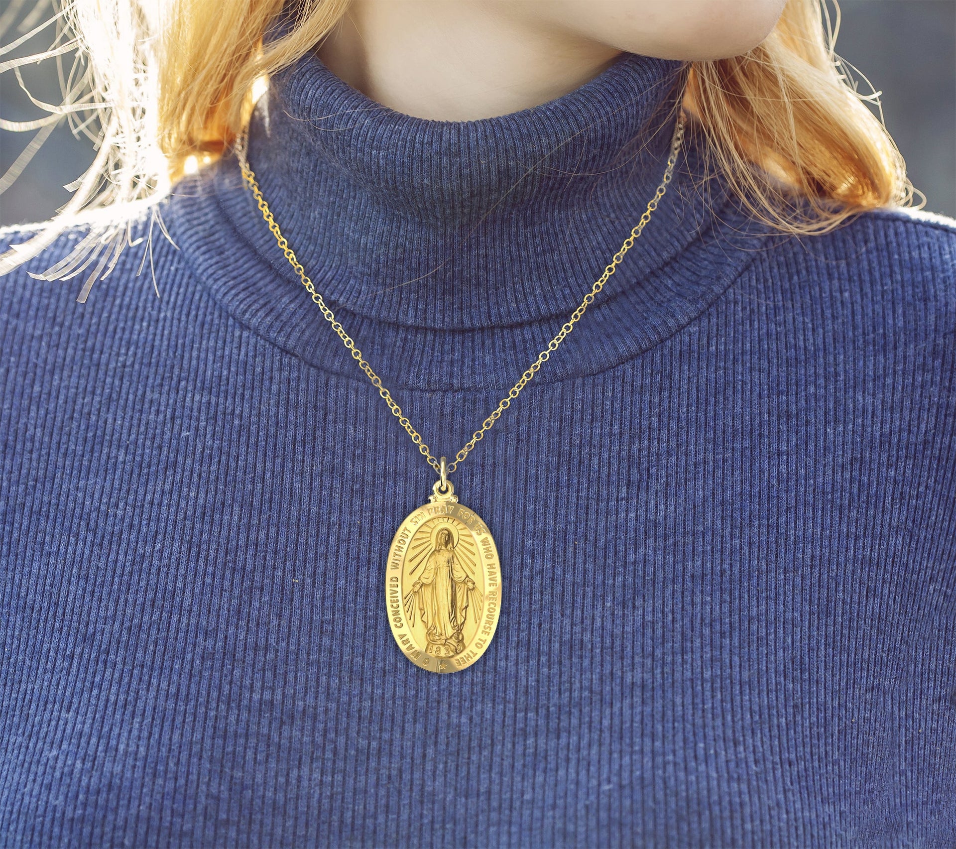 Large 14K Yellow Gold Miraculous Virgin Mary Solid Oval Polished Pendant Necklace, 36mm - US Jewels