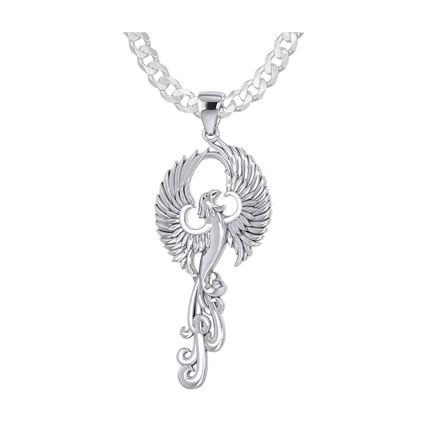 Large 2 5/16in 925 Sterling Silver Phoenix Mighty Fire Bird Pendant  Necklace - 22in 3.7mm Curb Chain