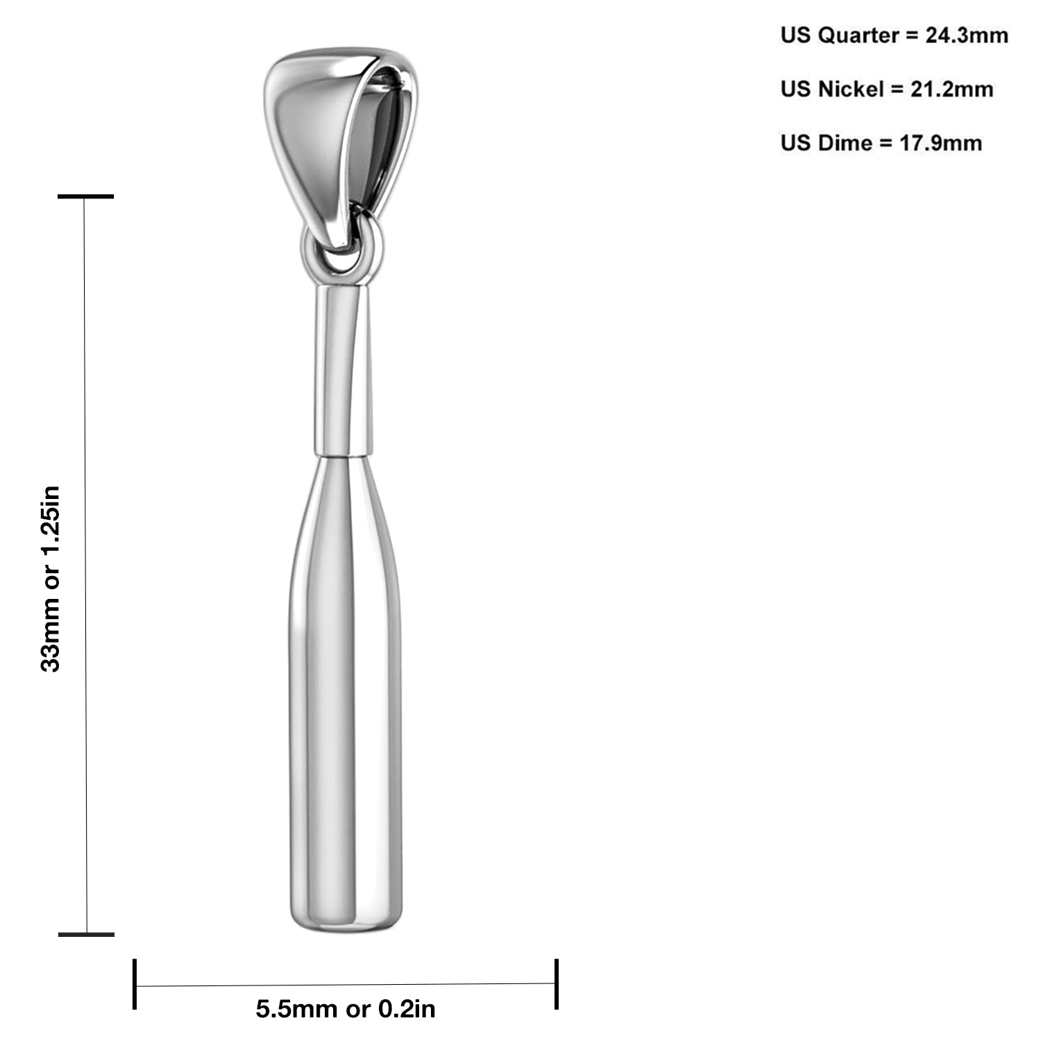 Large 925 Sterling Silver 3D Baseball Bat Pendant Necklace, Available in 33mm - US Jewels