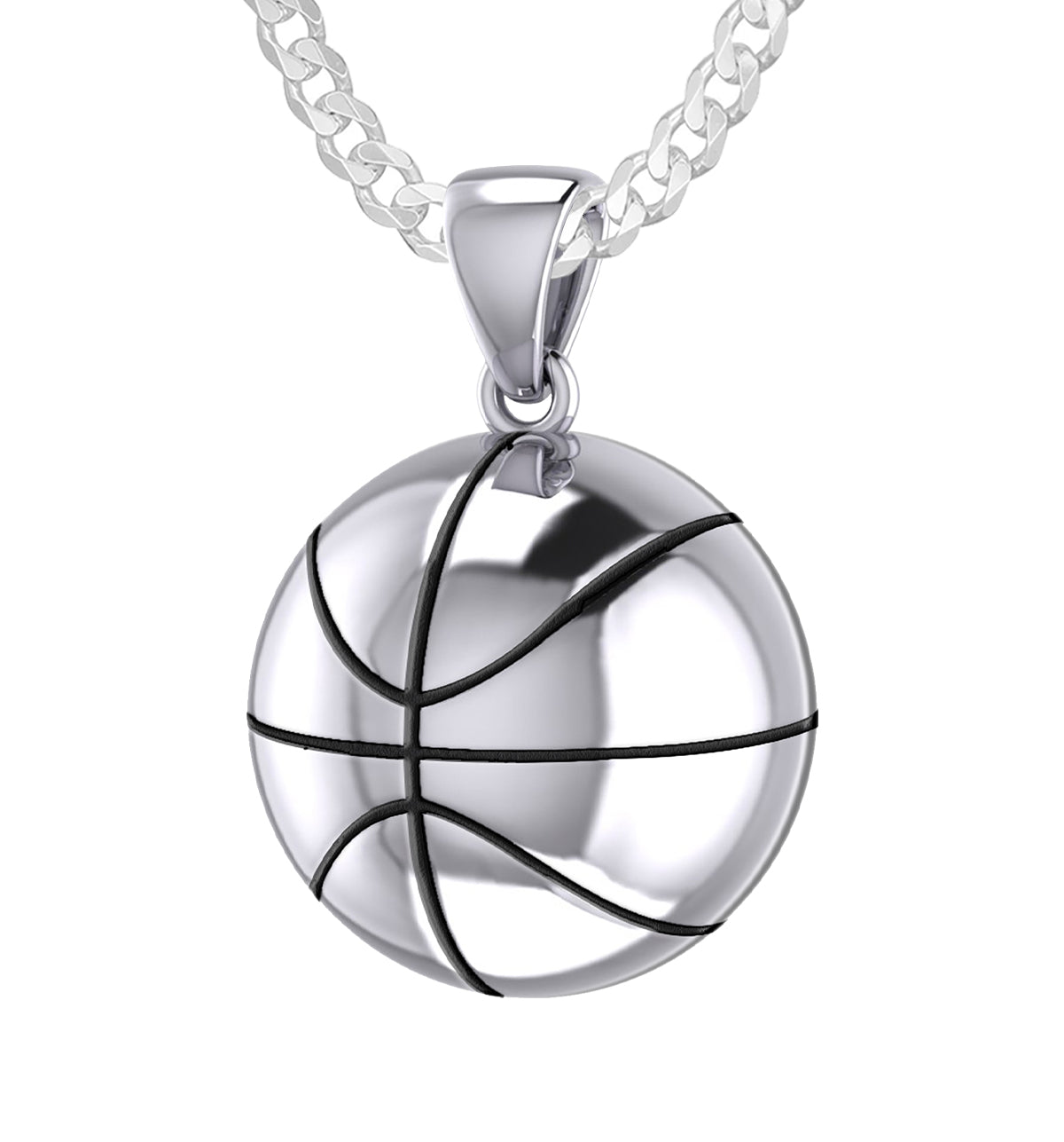 Large 925 Sterling Silver 3D Basketball Pendant Necklace, 18.5mm - US Jewels
